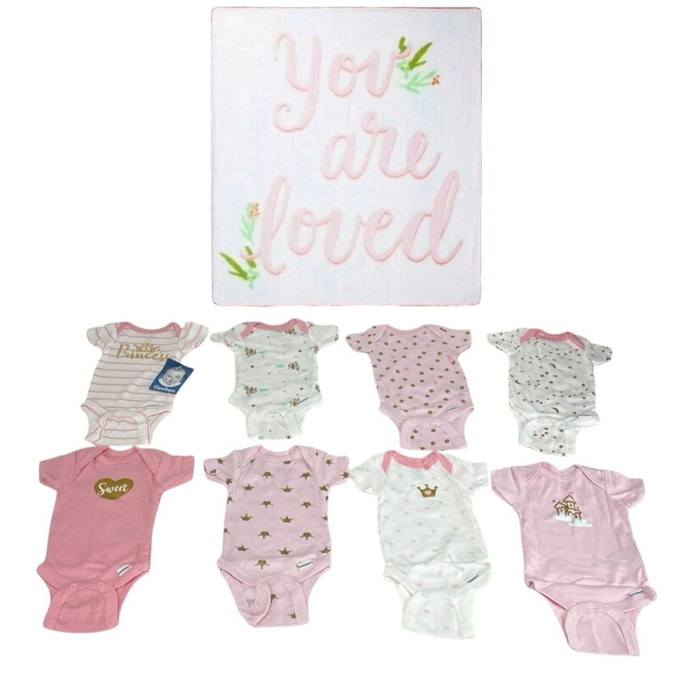 YOU ARE LOVED Muslin Swaddle Blanket NWOT
Pom Pom and Gerber preemie bodysuits